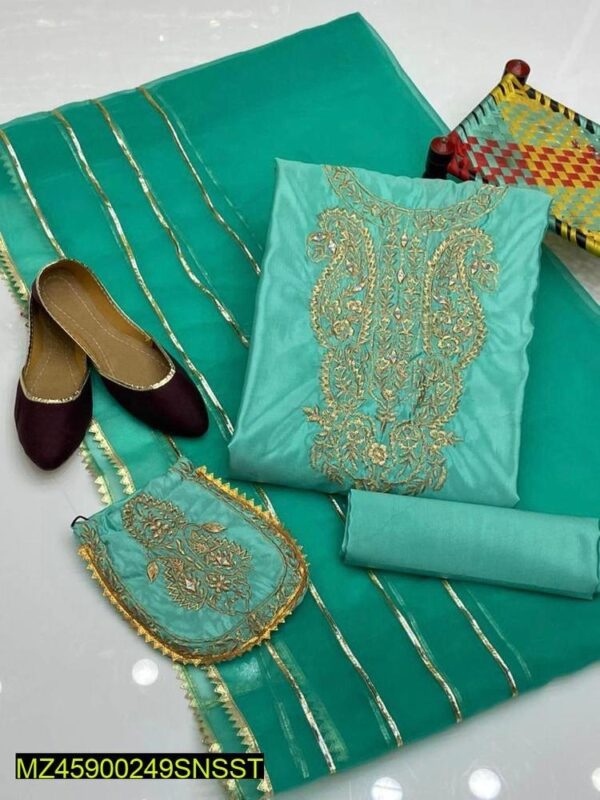 3 Piece Embroidered Organza Suit with Katan Silk Trousers & Clutch (All Seasons)