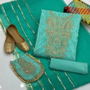 3 Piece Embroidered Organza Suit with Katan Silk Trousers & Clutch (All Seasons)