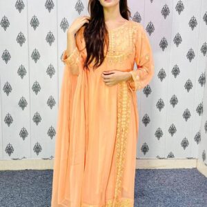 3-Piece Women's Medium Chiffon Embroidered Suit with Mirror Work - Elegant Stitched Ensemble